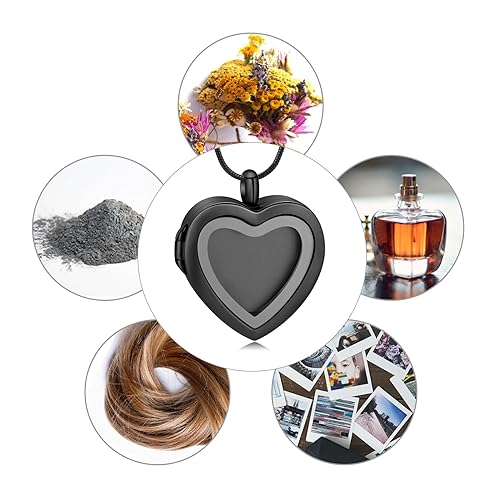 Cremation Jewelry Necklace for Ashes Heart Shaped Memorial Picture Lockets for Ashes Stainless Steel Keepsake Urn Ashes Pendants That Holds Pictures Photo Black