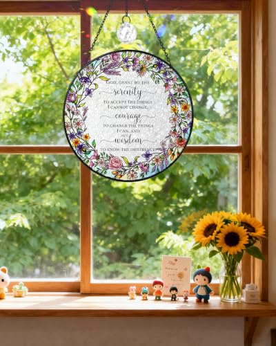 7.8" Serenity Prayer Floral Stained Glass Window Hanging God Serenity