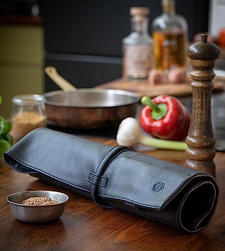 Leather Knife Roll Bag for Chef`s - Premium Knife Roll Case made of Genuine Water-Buffalo Leather, knives storage Bosse (black) black