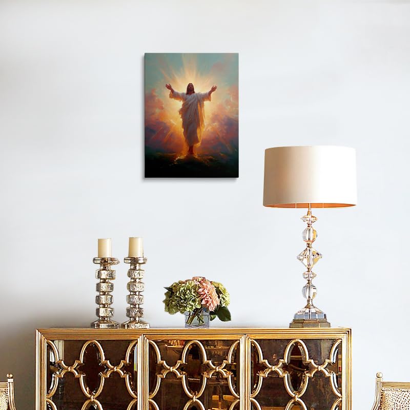 Risen Christ Canvas Wall Art Framed Painting Jesus with Divine Light Rays Outstretched Arms in White Robes Religious Christian Wall Decor Artwork Print Poster 16x24 Inches Illuminating Jesus 24"L x 16"W