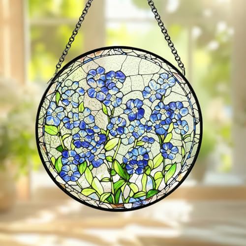 8 Inch Handmade Forget Me Not Stained Glass Suncatcher, Blue Floral Window Hanging Decor, Memorial Gift for Plant Lovers, Couples, Best Friends & Family Forget-me-not