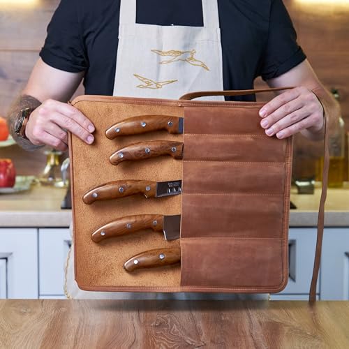 Caramel brown leather knife roll bag for chefs, professional knife case with multiple compartments for safe tool storage.