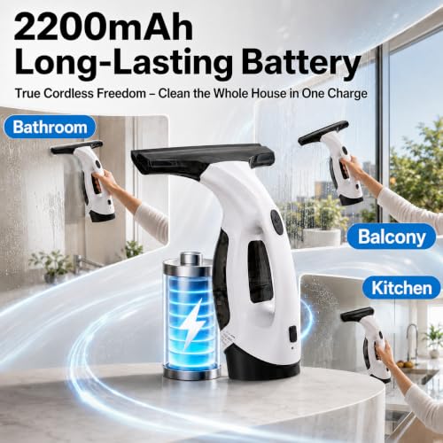 Electric Window Vacuum Cleaner Cordless, Glass Washer Vac 2000pa 150ml Water Tank, Windows Cleaning Equipment Tool Suitable for Mirrors Windows Glass (with 4 Cloths)