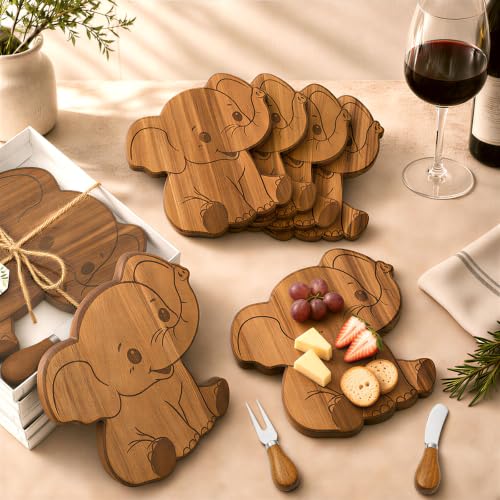 Set of 6 Zowekto elephant-shaped cheese boards with knives and forks, made of acacia wood for serving cheeses and charcuterie.