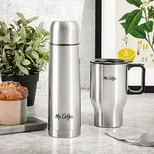 Mr. Coffee 4-Piece Insulated Drinkware Set — Stainless Steel Thermos, Travel Mug with Handle, Cup & Lid for Hot & Cold Drinks Stainless Steel (Javelin) 15.5 Ounces