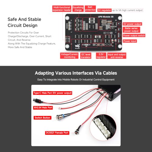 Waveshare Uninterruptible Power Supply UPS Module Supports Charging and Power Output at the Same Time 3S & 5V 5A Output