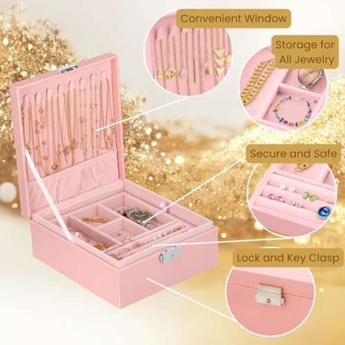 Prestige & Fancy 2 Layer Jewelry Box Organizer for Men, Women & Girls 8.5 x 7.5 x 3.3 in | PU Leather Pink Jewelry Storage Organizer | jewelry storage box for Rings, Necklace & Bracelets