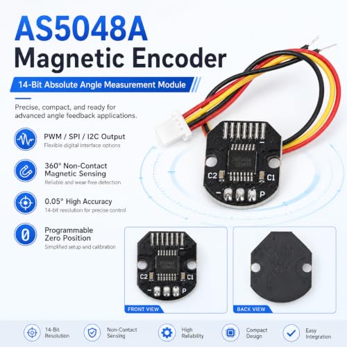 AS5048A Magnetic Encoder, 14-Bit AS5048A Magnetic Encoder with PWM SPI I2C Interface, 0.05° Angle Accuracy, High Precision Rotation Position Sensor Induction Angle Measuring Sensor Module