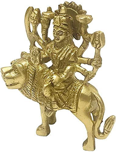 Brass Durga Statue/Idol for Home temple/mandir Devi Goddess MATA Rani Sitting on Lion God Murti for Puja Sculpture Figurine Housewarming Diwali poojan Navratri Navaratri Pooja Size- 4 inch