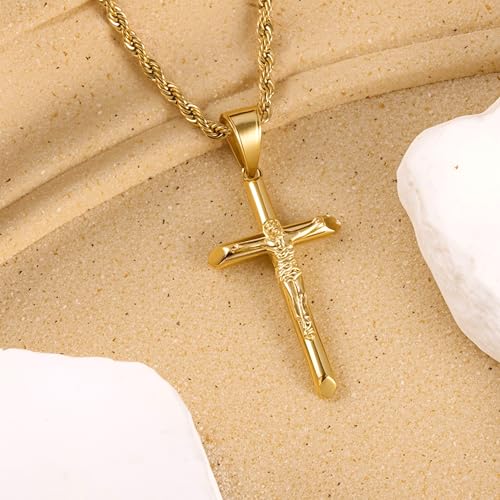Cross Necklace Stainless Steel Gold/Silver Crucifix Necklace for Men Women A Plated 14k Gold 55+5cm