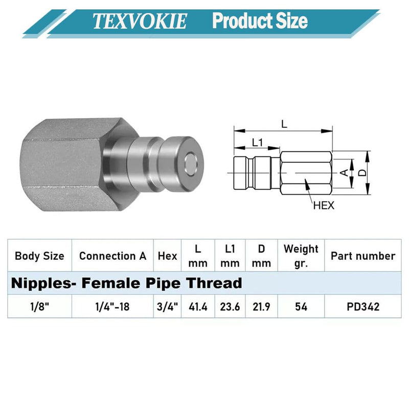 [Australia - AusPower] - PD342 Test Port and Diagnostic Equipment Quick Nipple with Female Pipe Thread, Fits for PD Series Couplers, 1/8" Body Size, 1/4"-18 NPTF Thread Size, 1.63" Length 
