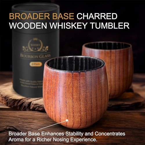 HWISDMIG 12oz Charred Wooden Bourbon Drinking Glass, Bourbon Gifts for Men 2 Pack Charred
