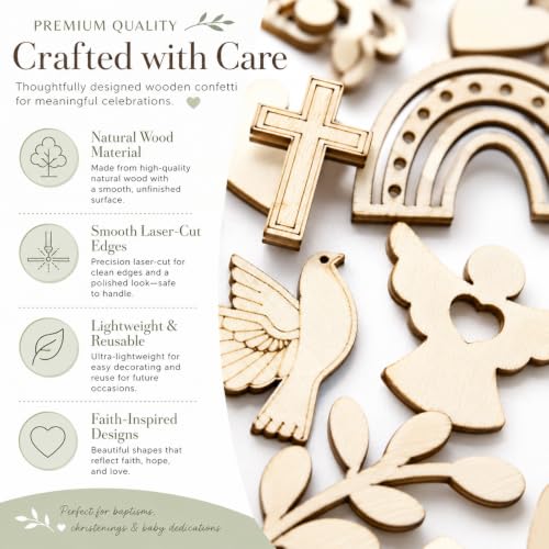 Bolosa Wooden Christening Confetti, 200 Piece Christening Table Confetti with Cross, Angel, Dove and Rainbow, Baptism Table Scatter, Baby Shower Decorations and Christening Party Decorations
