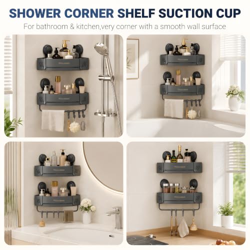 2-Pack Shower Caddy Corner Suction Cup Towel With Bar &Hooks-Gray Gray