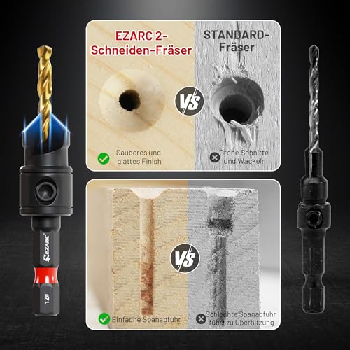 EZARC Countersunk Drill Wood Set, 12 Pieces Drill Bit with Countersink for Woodworking | #4, #6, #8, #10, #12, titanium coated HSS, double edge design, 1/4" hex, magnet extension holder, storage box