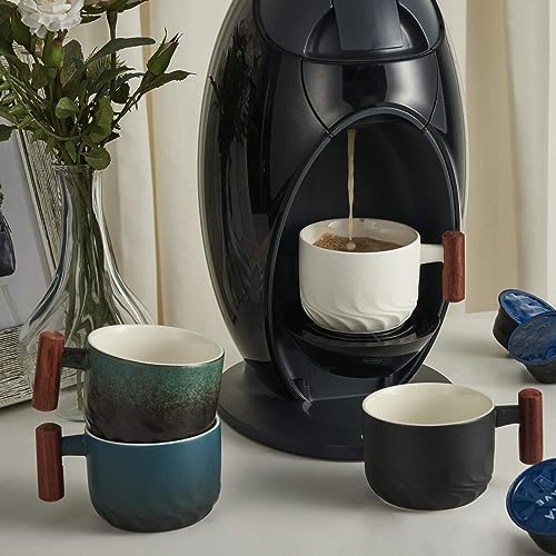 6 Oz Ceramic Espresso Mugs with Wooden Handle, Demitasse Cups for Double Shot Latte Cappuccino Lungo Tea Bag Beverage, Espresso Cups Set of 4 Multicolor 6oz