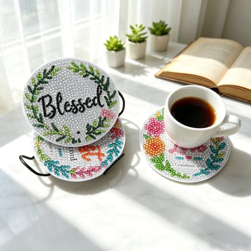 soeonh 8 Pcs Faith Diamond Painting Coasters Kit with Holder