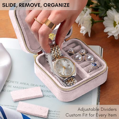 Luxury Travel Jewelry Case - Plush Velvet Jewelry Box - Travel Jewelry Organizer with Mirror - Gifts for Women, Mom, Wife, Girlfriend, Her – Petal Pink