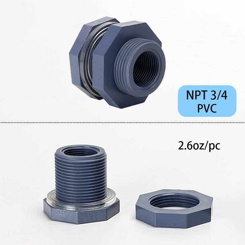 [Australia - AusPower] - 2 Pieces 3/4 Inch PVC Bulkhead Fitting for Water Barrel, Water Tank, Rain Barrels,NPT3/4 female thread(1 inch I.D.) PVC NPT3/4 female thread(1 inch I.D.)PVC 2 