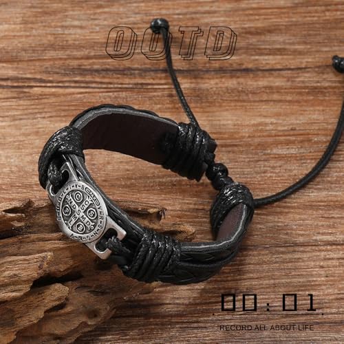 Men's Leather Bracelet with Saint Benedict Protection Symbol, Black Vintage Handmade Braided Leather Bracelets, Adjustable Religious Wristband Accessory