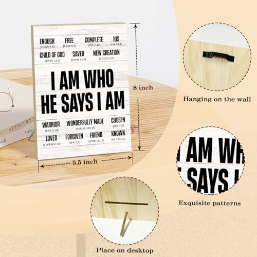 Christian Wood Plaques Desk Sign, Bible Verses Sign, I Am Who He Says I Am, Religious Gifts For Women, Desk Sign Scripture Wall Decor Prayer Room Decor -Ls25