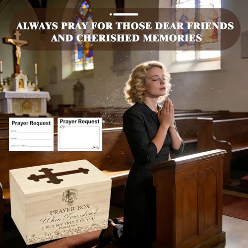 Prayer Box with Slot,200 Catholic Prayer Request Cards-Pen and Cross Jewelry Gifts,Used for Daily in Church Worship and Religious Devotions,Christian First Communion Gifts. (200) 200