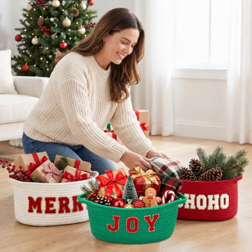 Fumete 3-piece Christmas baskets with chenille rope, woven ornament storage baskets for holiday decoration and organization.