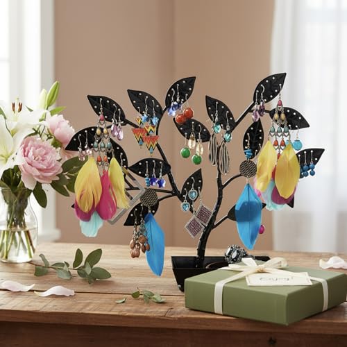 MyGift Jewelry Tree Leaves, 48 Pair Earring, Necklace & Bracelet Stand Black Metal