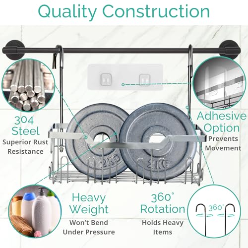 Small Shower Caddy Hanging - Shower Door Caddy Hanging with Rotatable Hooks and Adhesive Mount - Perfect for Bathroom Toiletries - Spacious & Convenient Bathroom Storage Solution 304 Stainless Steel Single Tier - Silver