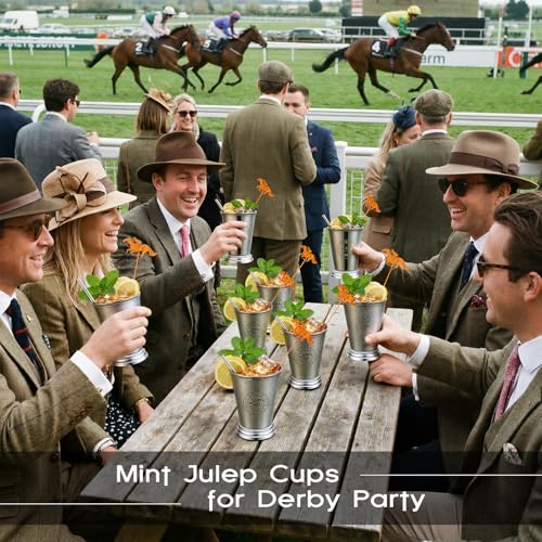 4 Pack 12 oz Derby Mint Julep Cups with Straws and Stirring Stick Stainless Steel Mint Julep Tumbler Silver Cocktail Glasses for Derby Horse Racing Party Supplies 4