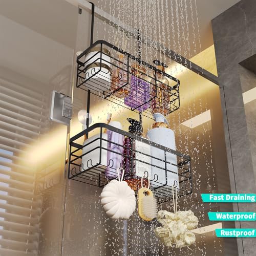 HapiRm Hanging Shower Caddy Organizer - No Drilling Shower Organizer with Hooks, Rustproof & Waterproof 304 Stainless Steel Bathroom Shelves - Black 2 Basket