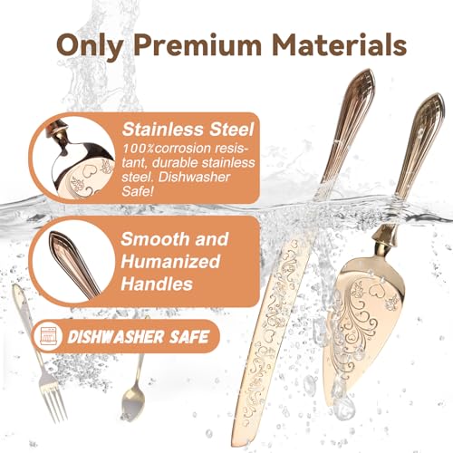 KSENDALO 2 Pcs Elegant Wedding Cake Cutting Set, SUS304 Stainless Steel Rose Gold