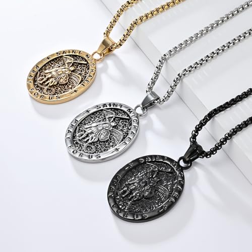 St Michael Pendant for Men Stainless Steel Archangel Necklace Amulet A-black-60cm chain