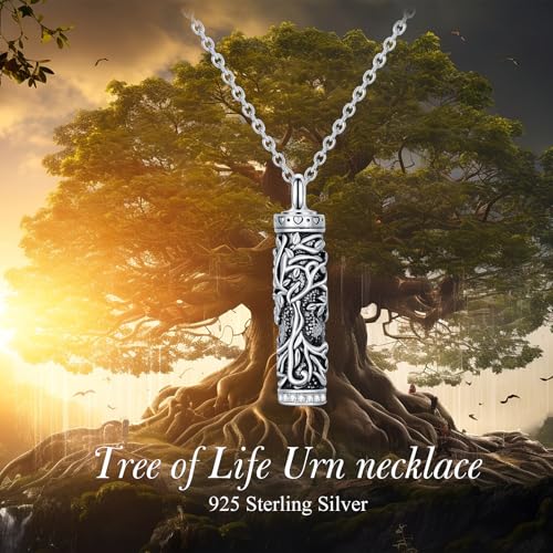 TOUPOP Tree of Life Urn Necklaces for Ashes, Cylinder Bar Urn Necklace Sterling Silver Family Tree Keepsake Necklace for Ashes Memorial Cremation Jewelry for Ashes Gifts for Women Mom Sister Tree of Life Women