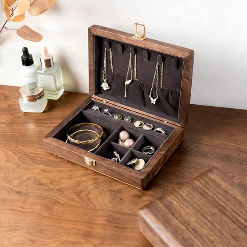 Bescott Black Walnut and Cherry Wood Jewelry Box, Wooden Jewelry Organizer with Metal Clasp, Necklace Hooks, Ring Slots and Velvet Lining for Rings, Earrings and Bracelets, 7.87 x 5.71 In Deep Grey Velvet 7.9" x 5.7" x 2"