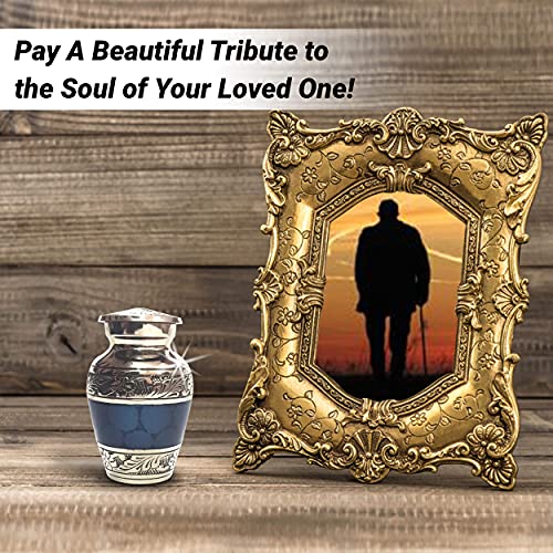 Small Keepsake Cremation Urns for Human Ashes with Velvet Heart Case and Funnel - Beautiful Peaceful Dark Blue Brass Hand Engraved Mini Memorial Urn Blue Small Keesake Urn