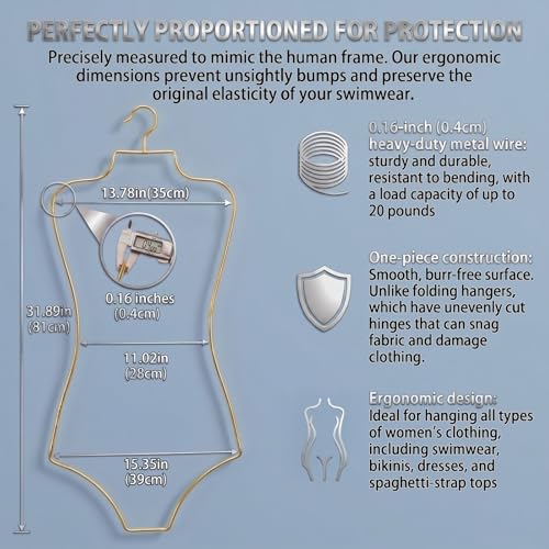 Swimsuit Hangers Wire Body Shape Display Hangers（Over Size） Metal Lingerie Hangers Bikini Swimwear Closet Storage Organizer Hangers Suitable for Clothes Coat Sports Bra Dresses（Gold，10Pack） Gold 10 Pack