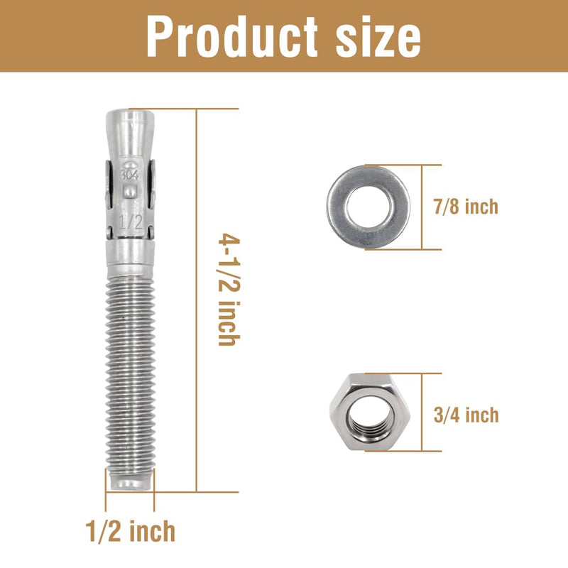 1/2" x4-1/2 Wedge Anchor for Concrete, Heavy Duty Bolt Anchors | For High Strength Concrete Bricks/Blocks/Natural Stone, Stainless Steel Expansion Bolt Fastener, Long Lifespan, No Burr, 8PCS 1/2"x4-1/2"