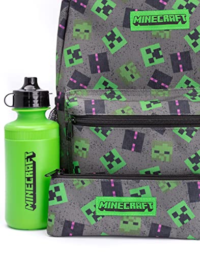 Minecraft Backpack For Kids | Creeper Zombie Enderman Merchandise Villains School Rucksack Pencil Case, Water Bottle Bag, Grey, One Size Charcoal