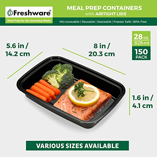 Freshware Meal Prep Containers [150 Pack] 1 Compartment Food Storage Containers with Lids, Bento Box, BPA Free, Stackable, Microwave/Dishwasher/Freezer Safe (28 oz) Black 28OZ-150PK
