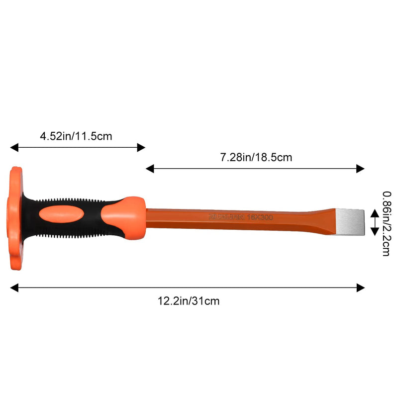 [Australia - AusPower] - 12-Inch Heavy Duty Flat Chisel with Hand Protection,Flat Head,Demolishing/Masonry/Carving/Concrete Breaker Chisels with Bi-Material Hand Guard 