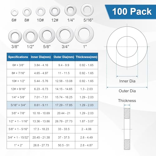 M METERXITY 100-Pack 5/16" Flat Washers, 3/4" OD 304 Stainless Steel Washers for Bolts Screws Nuts for Automotive/Machinery/Furniture, Flat Metal Washers [Silver] 5/16"