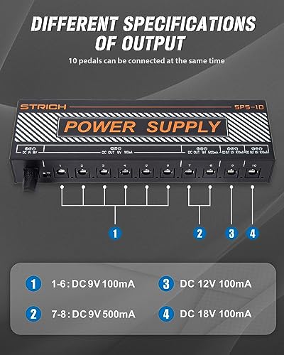 STRICH SPS-10 Guitar Pedal Power Supply, 10 Isolated DC Output for 9V/12V/18V Effect Pedal, 100mA 500mA, SPS-40B Rechargeable Guitar Pedal Power Supply with Built-in 10000mAh