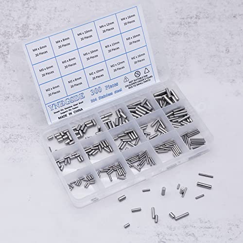 YNEGSDE M2 M3 M4 dowel pin assortment, 300-piece 304 stainless steel metal pins on white background