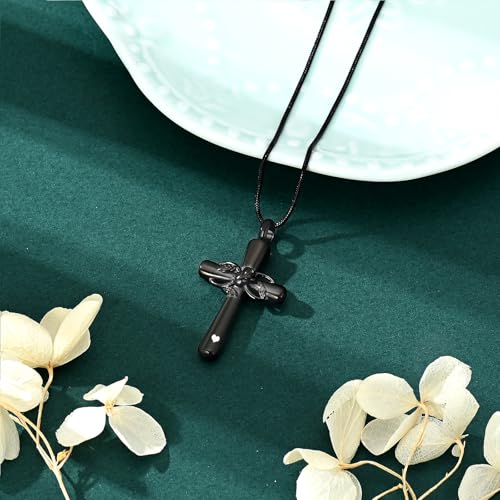 Rose Flower Cross Cremation Jewelry Urn Necklaces Stainless Steel Cross Urn Necklaces for Ashes Memorial Keepsake Pendant for Women Gifts With Funnel Kit & Bag Black