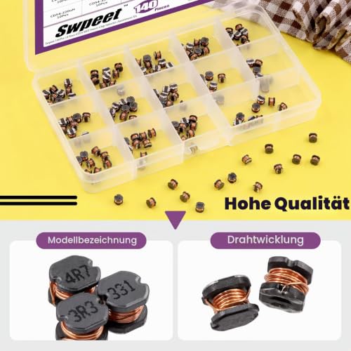 Swpeet 140pcs 14 Values 2.2UH.680UH CD54 Wire Wound SMD Power Inductor Assortment Kit, 5.8 mm Chip Inductors with 2.2UH 3.3UH 4.7UH 6.8UH 10UH 22UH 47UH 68UH 100UH 220UH 330UH 47UH 7UH 68 uh
