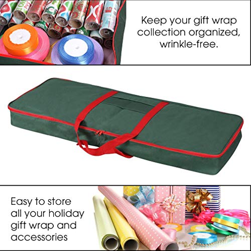Christmas Wrapping Paper Storage Box with Pockets | Long Gift Wrap Storage Container Bag (37” x 14” x 4”) Constructed of Durable 600D Oxford Material (Green) Green