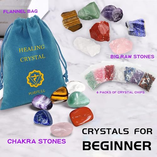 Healing Crystal for Beginners 7 Chakra Crystal Set,23 Pcs Healing Crystal Wiccan Reiki Gift,3 Types of Gemstones,Natural Gemstones,Raw Stones,Crystal Gravel with Instruction 23 Healing Crystal