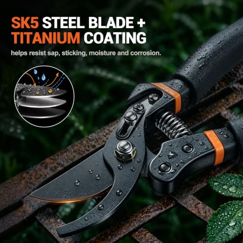 DECERK bypass pruning shears with orange cushioned foam grips for arthritic hands, 5mm cutting capacity