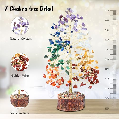 Crocon® 7 Chakra Crystals Tree Gifts, Spiritual Birthday Gifts for Women & Men | Home Decoration & Crystal Gift, Meditation & Yoga Room Decor | Presents for Mum, Sister, Grandma Ideas, house warming #002 7chakra (Golden Wire)